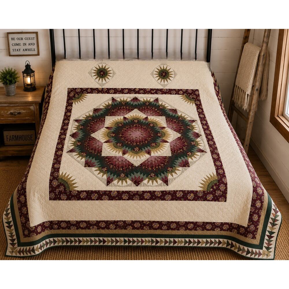 VNTG 90S celestial Medalian Ca. King quilt Cottagecore Farmhouse Pillow Tuck